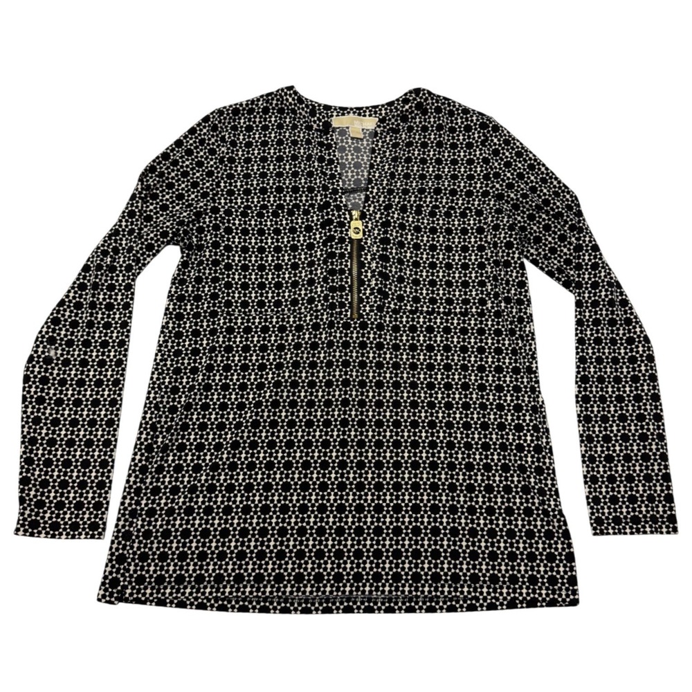 Michael Kors Blouse 70s Inspired Black White Geometric Zip Front L/S Sz S